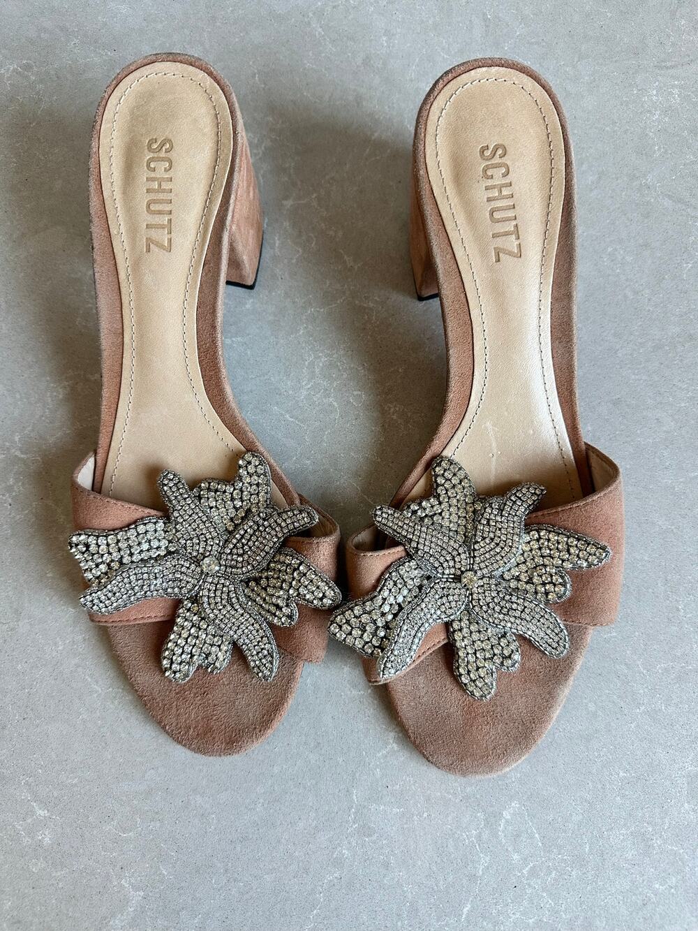 Schutz Rhinestone Floral Tan Suede Block Heel Slide Sandals – Size 9B